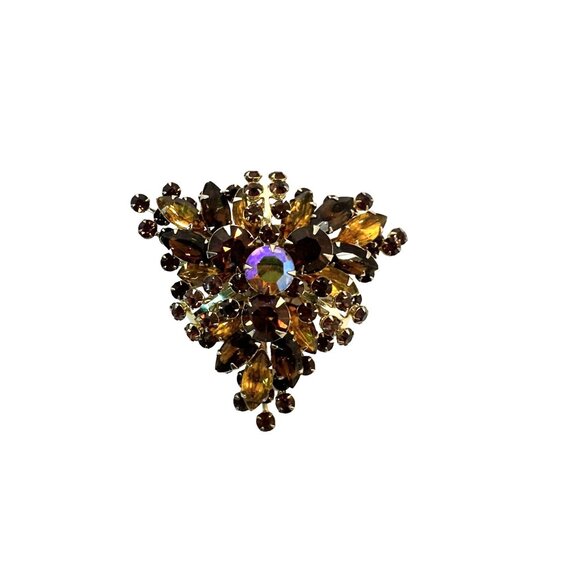Vintage Womens Rhinestone Brooch Pin Amber Tone & Aurora Borealis Stones 1960s - Picture 1 of 7